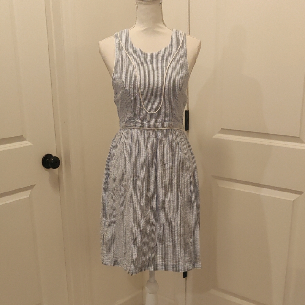 Vintage Southern Rock Blue Vertical Stripes Halter SleevelessCotton Sundress Y2K